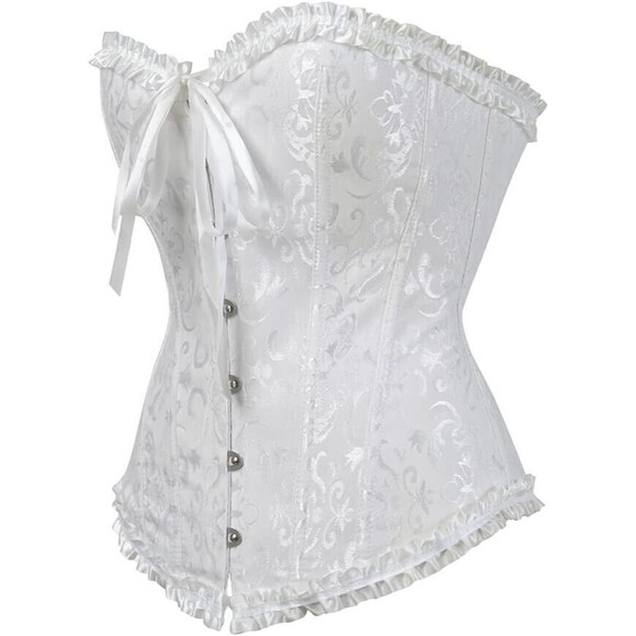 Pin Up White Jacquard Floral Lace Up Boned Frilly Corset Bustier Top S - Picture 2 of 16